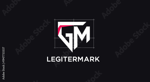 A close-up view of a stylized logo featuring geometric shapes and the wordmark 'LEGITERMARK' on a clean white background.