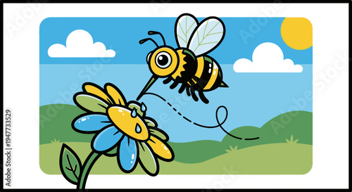 Bee flying towards colorful flower slowly.