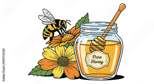 Bee on honey jar and flowers.