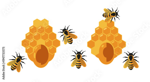 Bees flying around honeycombs with hive.