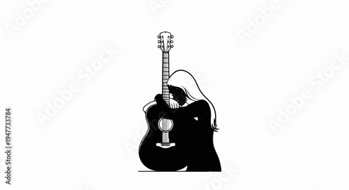 Silhouette of a person resting head on an acoustic guitar