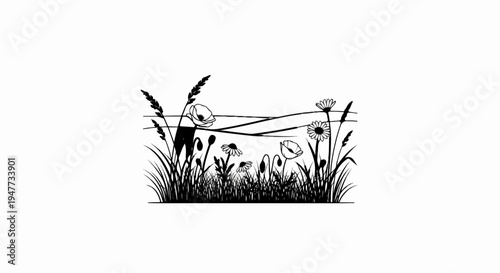 Silhouette of wild grass and flowers against a sparse horizontal lines background