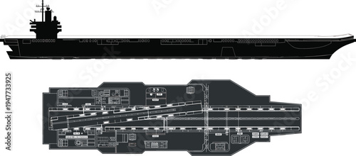 Aircraft carrier warship vector blueprint, naval military ship with deck layout and cross section for defense design