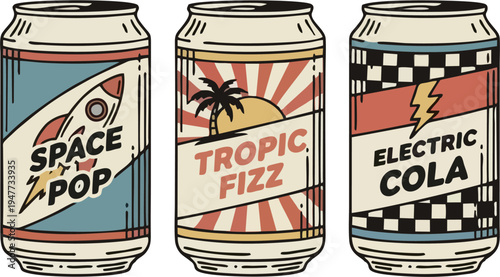 Retro Vintage Soda Can Set - Space Pop, Tropic Fizz and Electric Cola Flat Vector