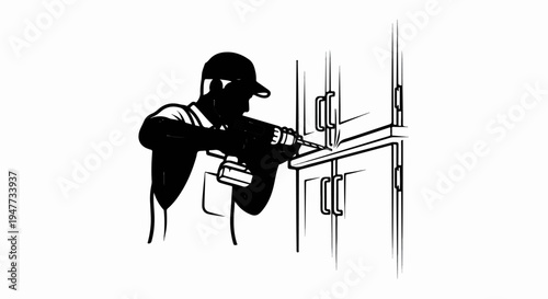 Silhouette of worker with drill installing cabinet doors