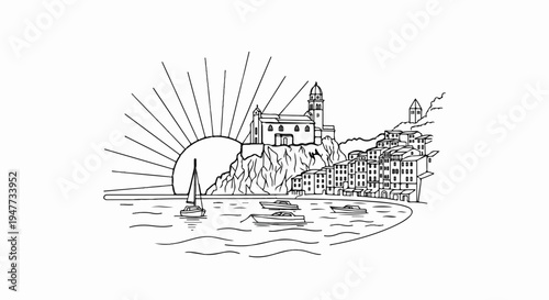 Seaside town with sun rays, sailboats, and buildings on cliffs