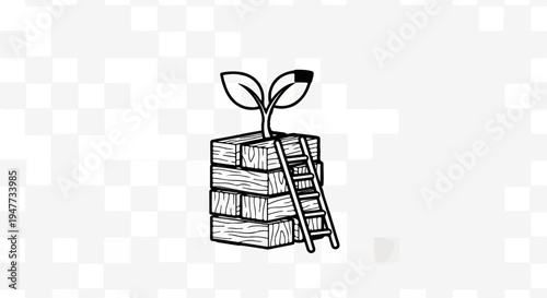 Seedling sprouts from stacked lumber with a ladder for growth