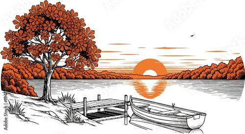 Serene autumnal lakeside scene with a docked boat under a setting sun