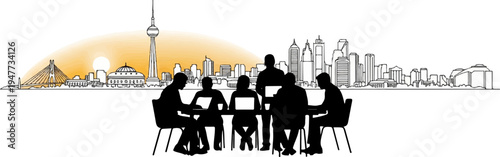 Silhouetted professionals collaborate at a table with a city skyline backdrop