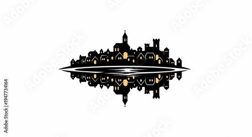 Silhouetted town with glowing windows and water reflection