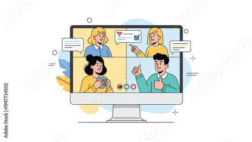 Diverse group of people participating in online business meeting or social chat via video conference software on monitor.