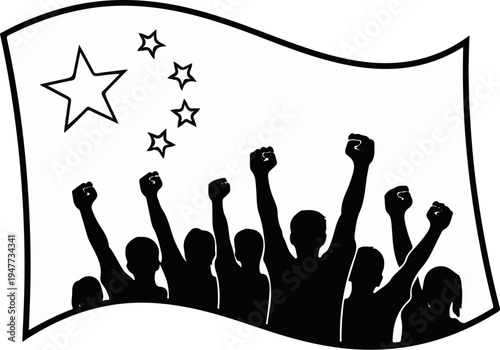 Silhouettes of cheering crowd with raised fists against a flag with stars