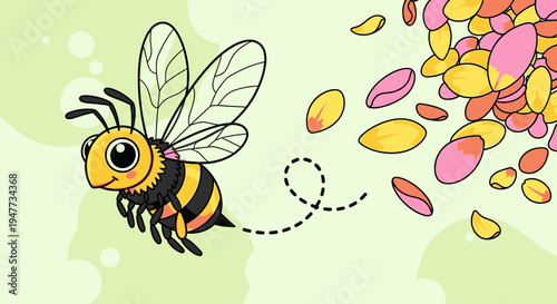 Cartoon bee flying with pollen.