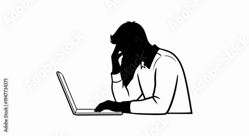 Silhouette of a person with head in hand looking at a laptop