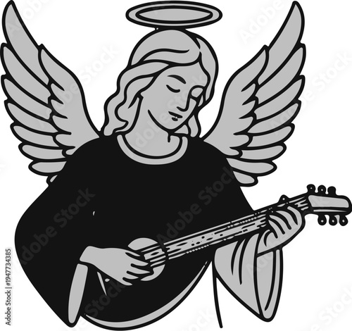 Serene winged figure with halo plays a stringed instrument, gentle gaze downwards