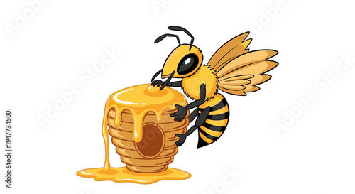 Cartoon bee on honeycomb with honey.