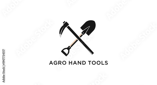 Garden tools logo with hoe and shovel.