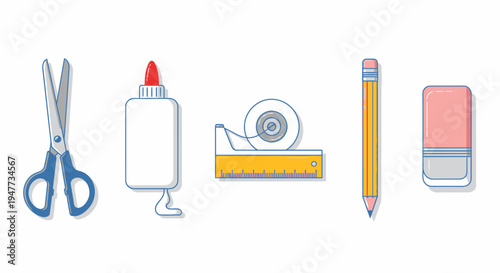 School supplies on a table top.