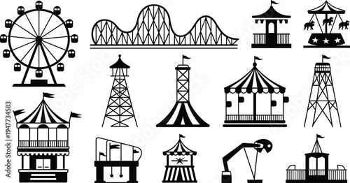 Black and white vector illustration of amusement park attractions, carnival rides, circus tents, Ferris wheel, roller coaster, pavilion