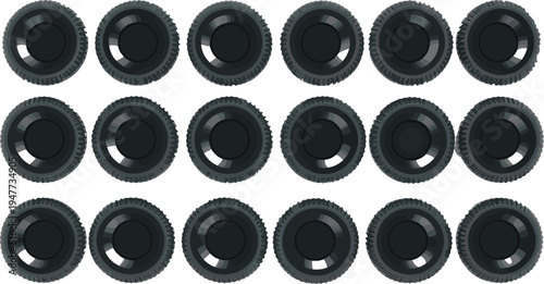 Car tire tread top view vector set, automobile wheel patterns collection for automotive design and transport graphics