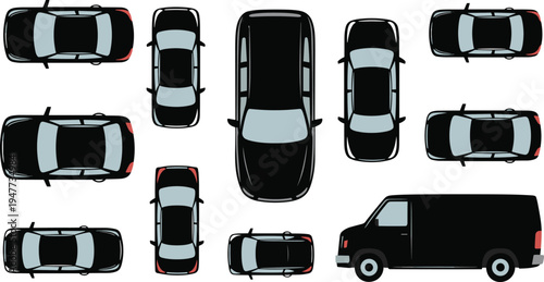 Car top view vector set, vehicle silhouettes including sedan, hatchback and cargo van for transport design