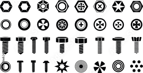 Bolts, nuts and screws vector icons set, mechanical fasteners collection isolated for industrial engineering and hardware design