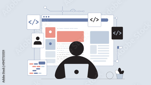 A person sitting at a desk working on a laptop with web development and coding concepts surrounding them.