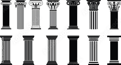 Classic architectural columns vector set, Greek and Roman pillars isolated for historic architecture, temple and building design
