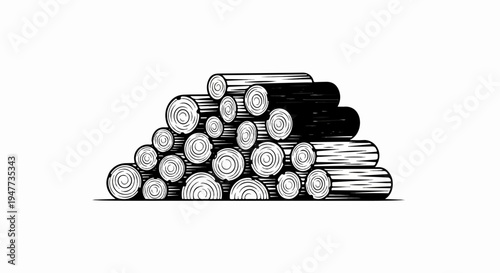 Stack of cut logs, black and white woodcut style, with visible rings