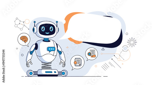 Friendly artificial intelligence robot stands beside a large blank speech bubble with various digital icons representing smart technology.