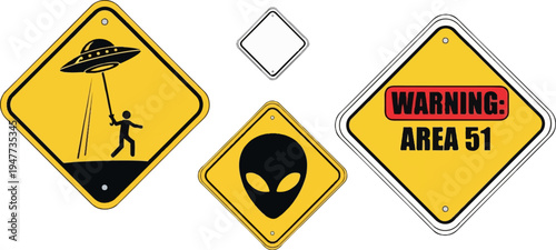 Set of yellow diamond-shaped warning signs with alien and UFO imagery