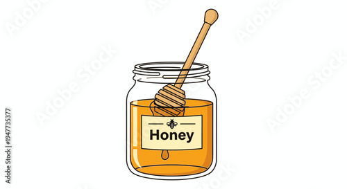 Jar of golden honey with dipper.