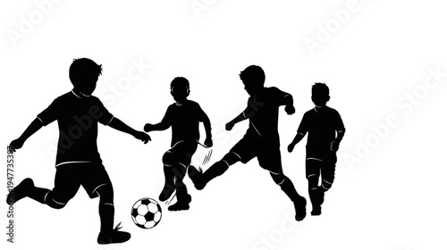 Silhouettes of young children actively playing soccer on a white background
