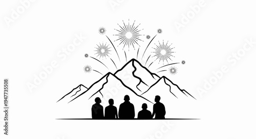 Silhouettes of people watch fireworks over a mountain range