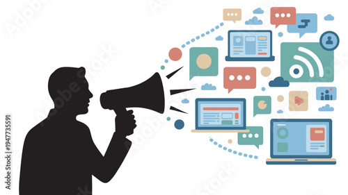 A man using a megaphone to spread information and communicate with others through various digital media channels and social networks.