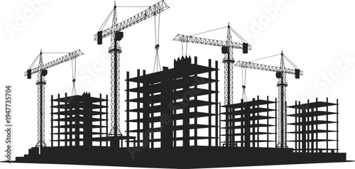 Construction site with tower cranes silhouette vector, building development project isolated for engineering, architecture and urban design