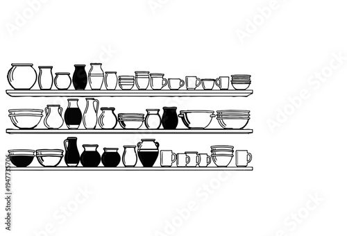 Shelves brimming with diverse ceramic pots, bowls, and mugs in a sketch