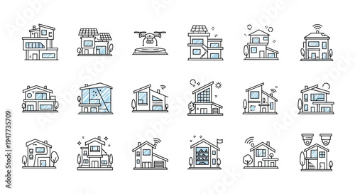 Modern Smart Home Icons: Futuristic Architecture, Technology, and Eco-Friendly Living