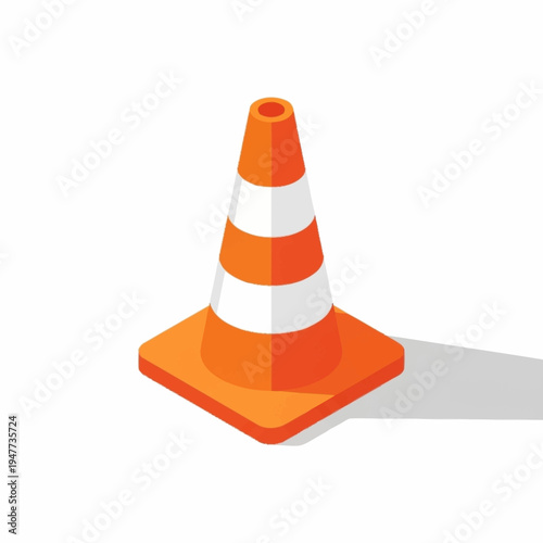 An isometric illustration of a bright orange traffic cone with white reflective stripes casting a shadow on a white background.