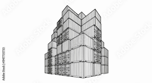 Stacked cargo containers drawn in a sketch style, forming an abstract tower