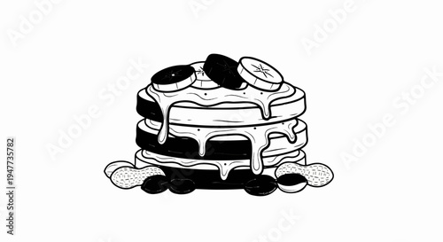 Stacked pancakes drizzled with syrup, topped with banana slices and peanuts