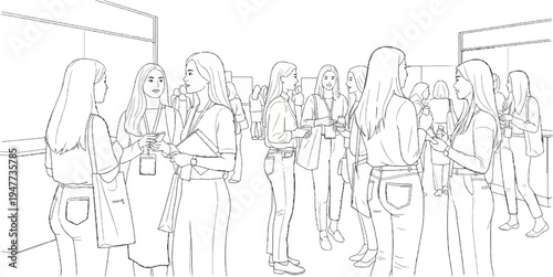 Several young women in casual attire converse at an indoor event, holding small items