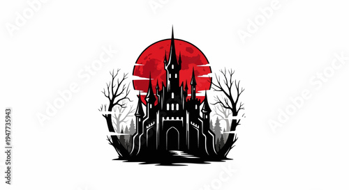 Silhouette castle with dead trees against a large red moon