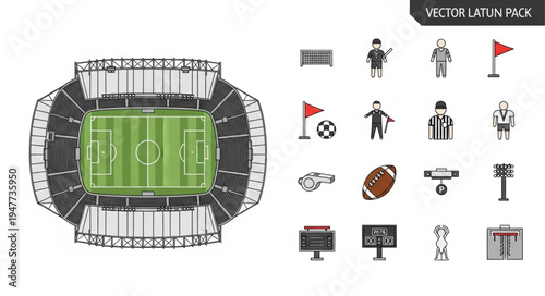 Overhead View of Stadium and American Football Icons.