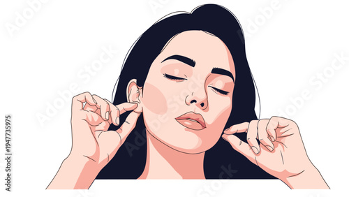 Close up illustration of a woman with long dark hair gently touching her ears with closed eyes to represent hearing or sensory focus.