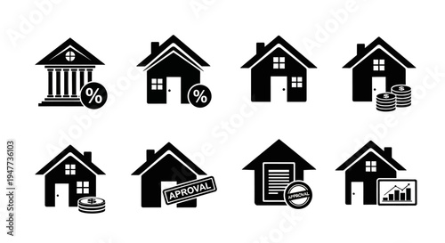Real Estate Icons: House, Bank, Loan, Approval, Investment, Graph