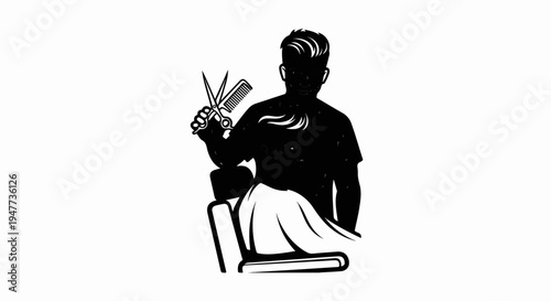 Silhouette of a barber with scissors and comb, seated client