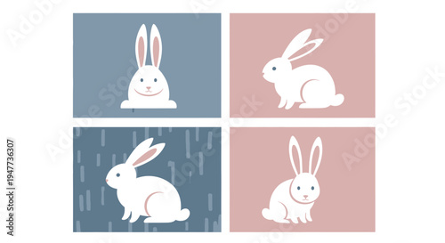 Four adorable white rabbits in various poses and expressions.