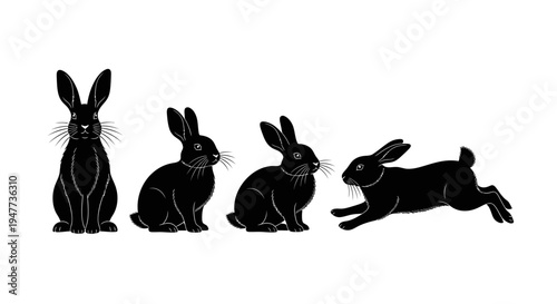 Four black rabbits in different poses, from sitting to running, isolated on a white background.