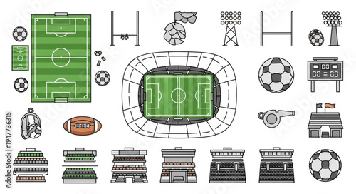 American Football Field and Stadium Icons - A Detailed Vector Set.